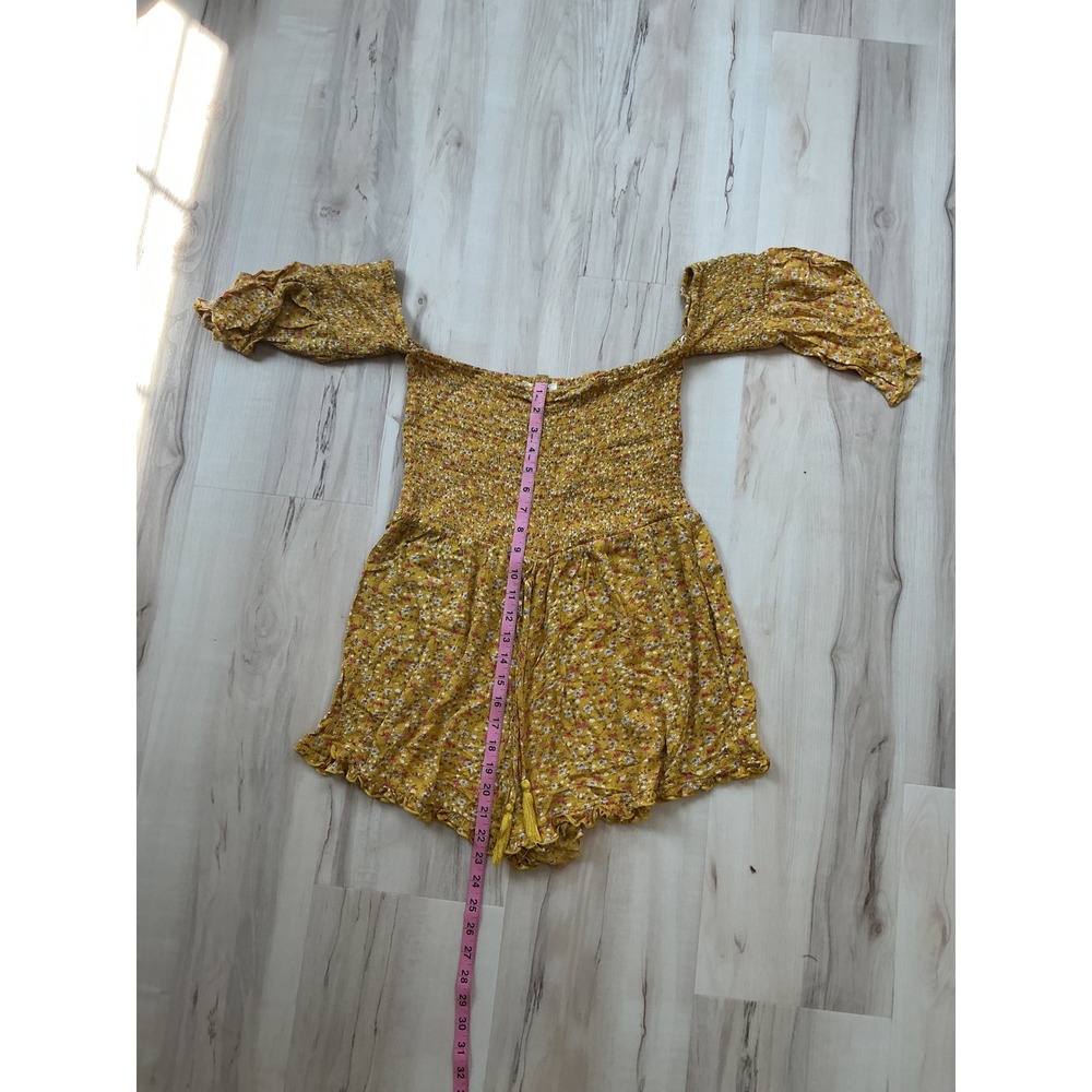 Umgee Mustard Yellow Floral Smocked Off Shoulder Romper Boho Tassel Y0106 L